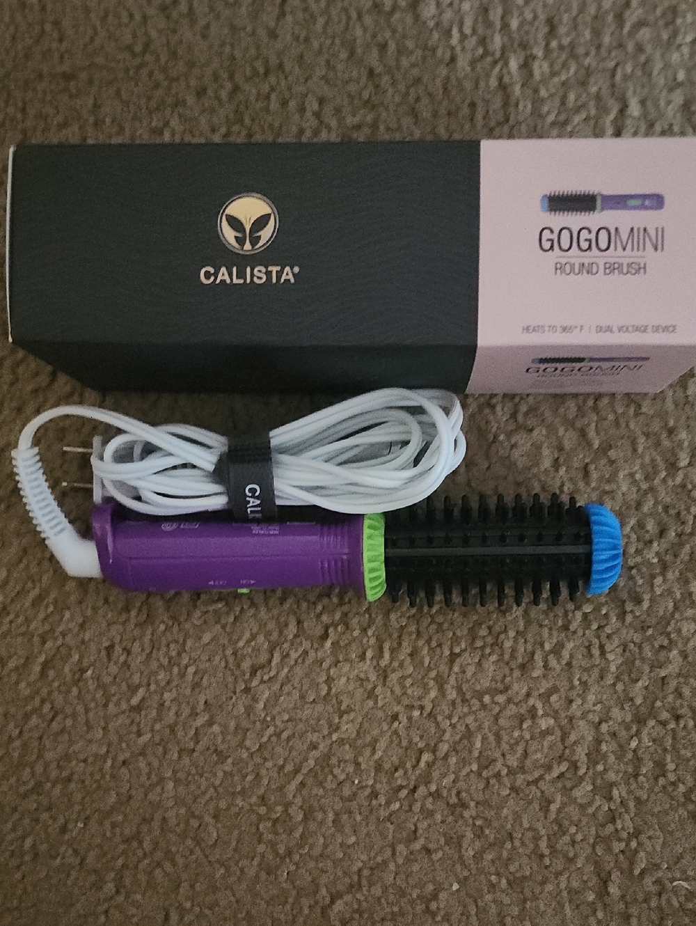 New In Box Calista GoGoMini Round Brush - Purple with Green & Blue Accents